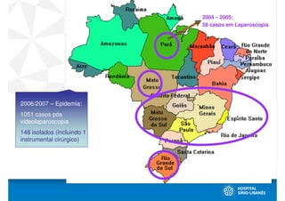 2004 – 2005:
                            58 casos em Laparoscopia




2006/2007 – Epidemia:
1051 casos pós
videolaparoscopia
148 isolados (incluindo 1
instrumental cirúrgico)
 