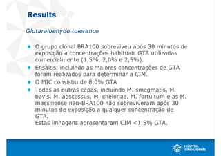 Results

Glutaraldehyde tolerance

   O grupo clonal BRA100 sobreviveu após 30 minutos de
   exposição a concentrações habituais GTA utilizadas
   comercialmente (1,5%, 2,0% e 2,5%).
   Ensaios, incluindo as maiores concentrações de GTA
   foram realizados para determinar a CIM.
   O MIC consistiu de 8,0% GTA
   Todas as outras cepas, incluindo M. smegmatis, M.
   bovis, M. abscessus, M. chelonae, M. fortuitum e as M.
   massiliense não-BRA100 não sobreviveram após 30
   minutos de exposição a qualquer concentração de
   GTA.
   Estas linhagens apresentaram CIM <1,5% GTA.
 