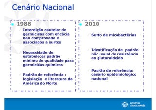 Cenário Nacional

 1988                          2010
  Interdição cautelar de
  germicidas com eficácia       Surto de micobactérias
  não comprovada e
  associados a surtos

                                Identificação de padrão
  Necessidade de                não usual de resistência
  estabelecer padrão            ao glutaraldeído
  mínimo de qualidade para
  germicidas quimicos
                                Padrão de referência:
  Padrão de referência :        cenário epidemiológico
  legislação e literatura da    nacional
  América do Norte
 