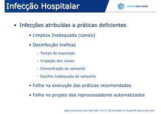 Infecção Hospitalar

  • Infecções atribuídas a práticas deficientes
        • Limpeza Inadequada (canais)

        • Desinfecção Ineficaz
           – Tempo de exposição

           – Irrigação dos canais

           – Concentração do saneante

           – Escolha inadequada do saneante

        • Falha na execução das práticas recomendadas

        • Falha no projeto dos reprocessadores automatizados


                          Spach DH et al Ann Intern Med 1993: 118:117-128 and Weber DJ, Rutala WA Gastroint Dis 2002
 