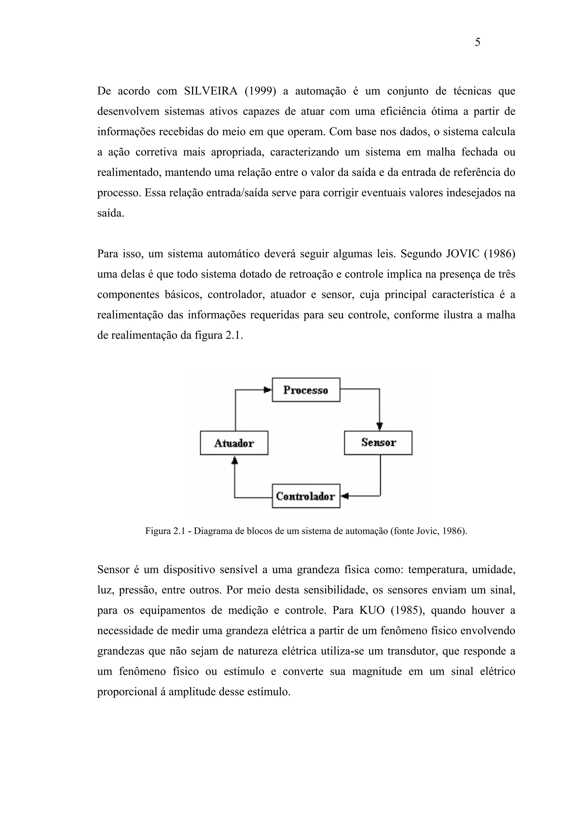5

De acordo com SILVEIRA (1999) a automação é um conjunto de técnicas que
desenvolvem sistemas ativos capazes de atuar com uma eficiência ótima a partir de
informações recebidas do meio em que operam. Com base nos dados, o sistema calcula
a ação corretiva mais apropriada, caracterizando um sistema em malha fechada ou
realimentado, mantendo uma relação entre o valor da saída e da entrada de referência do
processo. Essa relação entrada/saída serve para corrigir eventuais valores indesejados na
saída.

Para isso, um sistema automático deverá seguir algumas leis. Segundo JOVIC (1986)
uma delas é que todo sistema dotado de retroação e controle implica na presença de três
componentes básicos, controlador, atuador e sensor, cuja principal característica é a
realimentação das informações requeridas para seu controle, conforme ilustra a malha
de realimentação da figura 2.1.

Figura 2.1 - Diagrama de blocos de um sistema de automação (fonte Jovic, 1986).

Sensor é um dispositivo sensível a uma grandeza física como: temperatura, umidade,
luz, pressão, entre outros. Por meio desta sensibilidade, os sensores enviam um sinal,
para os equipamentos de medição e controle. Para KUO (1985), quando houver a
necessidade de medir uma grandeza elétrica a partir de um fenômeno físico envolvendo
grandezas que não sejam de natureza elétrica utiliza-se um transdutor, que responde a
um fenômeno físico ou estímulo e converte sua magnitude em um sinal elétrico
proporcional á amplitude desse estímulo.

 