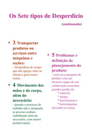 Os Sete tipos de Desperdício
(continuação)
• 3 Transportar
produtos ou
serviços entre
máquinas e
seções:
- Desperdício de tempo
que não agrega valor ao
cliente e gera custos
extras.
• 4 Movimento das
mãos e do corpo,
além do
necessário:
- quando o processo de
trabalho não é adequado,
as pessoas acabam
trabalhando além do
necessário, com menor
produtividade.
• 5 Problemas e
definição de
planejamento do
produto:
- erros na concepção do
produto e/ou nas
diversas etapas de sua
colaboração acarretam
grandes perdas de:
* material,
* tempo,
* hora/homem e
* hora/máquina,
elevando os custos.
 