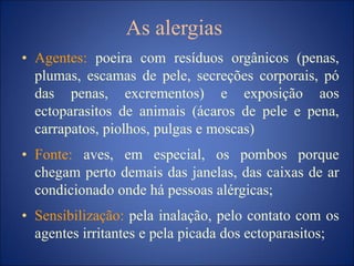 As alergias
• Agentes: poeira com resíduos orgânicos (penas,
plumas, escamas de pele, secreções corporais, pó
das penas, excrementos) e exposição aos
ectoparasitos de animais (ácaros de pele e pena,
carrapatos, piolhos, pulgas e moscas)
• Fonte: aves, em especial, os pombos porque
chegam perto demais das janelas, das caixas de ar
condicionado onde há pessoas alérgicas;
• Sensibilização: pela inalação, pelo contato com os
agentes irritantes e pela picada dos ectoparasitos;
 