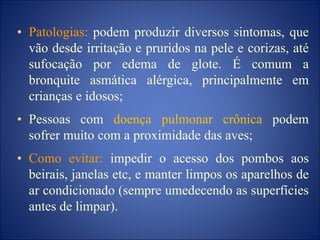 • Patologias: podem produzir diversos sintomas, que
vão desde irritação e pruridos na pele e corizas, até
sufocação por edema de glote. É comum a
bronquite asmática alérgica, principalmente em
crianças e idosos;
• Pessoas com doença pulmonar crônica podem
sofrer muito com a proximidade das aves;
• Como evitar: impedir o acesso dos pombos aos
beirais, janelas etc, e manter limpos os aparelhos de
ar condicionado (sempre umedecendo as superfícies
antes de limpar).
 