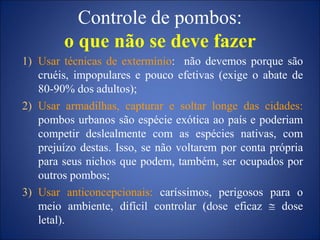 Controle de pombos:
o que não se deve fazer
1) Usar técnicas de extermínio: não devemos porque são
cruéis, impopulares e pouco efetivas (exige o abate de
80-90% dos adultos);
2) Usar armadilhas, capturar e soltar longe das cidades:
pombos urbanos são espécie exótica ao país e poderiam
competir deslealmente com as espécies nativas, com
prejuízo destas. Isso, se não voltarem por conta própria
para seus nichos que podem, também, ser ocupados por
outros pombos;
3) Usar anticoncepcionais: caríssimos, perigosos para o
meio ambiente, difícil controlar (dose eficaz dose
letal).
 