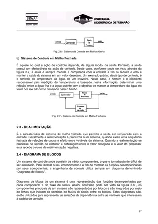 _________________________________________________________________________________________ 
12 
Fig. 2.6 - Sistema de Controle em Malha Aberta 
b) Sistema de Controle em Malha Fechada 
É aquele no qual a ação de controle depende, de algum modo, da saída. Portanto, a saída 
possui um efeito direto na ação de controle. Neste caso, conforme pode ser visto através da 
figura 2.7, a saída é sempre medida e comparada com a entrada a fim de reduzir o erro e 
manter a saída do sistema em um valor desejado. Um exemplo prático deste tipo de controle, é 
o controle de temperatura da água de um chuveiro. Neste caso, o homem é o elemento 
responsável pela medição da temperatura e baseado nesta informação, determinar uma 
relação entre a água fria e a água quente com o objetivo de manter a temperatura da água no 
valor por ele tido como desejado para o banho. 
Fig. 2.7 - Sistema de Controle em Malha Fechada 
2.3 - REALIMENTAÇÃO 
É a característica do sistema de malha fechada que permite a saída ser comparada com a 
entrada. Geralmente a realimentação é produzida num sistema, quando existe uma sequência 
fechada de relações de causa e efeito entre variáveis do sistema. Quando a realimentação se 
processa no sentido de eliminar a defasagem entre o valor desejado e o valor do processo, 
esta recebe o nome de realimentação negativa. 
2.4 - DIAGRAMA DE BLOCOS 
Um sistema de controle pode consistir de vários componentes, o que o torna bastante difícil de 
ser analisado. Para facilitar o seu entendimento e a fim de mostrar as funções desempenhadas 
por seus componentes, a engenharia de controle utiliza sempre um diagrama denominado 
“Diagrama de Blocos”. 
Diagrama de blocos de um sistema é uma representação das funções desempenhadas por 
cada componente e do fluxo de sinais. Assim, conforme pode ser visto na figura 2.8 , os 
componentes principais de um sistema são representados por blocos e são integrados por meio 
de linhas que indicam os sentidos de fluxos de sinais entre os blocos. Estes diagramas são, 
então utilizados para representar as relações de dependência entre as variáveis que interessam 
à cadeia de controle. 
 