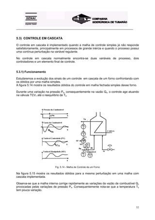 _________________________________________________________________________________________ 
5.3) CONTROLE EM CASCATA 
O controle em cascata é implementado quando a malha de controle simples já não responde 
satisfatoriamente, principalmente em processos de grande inércia e quando o processo possui 
uma contínua perturbação na variável regulante. 
No controle em cascata normalmente encontra-se duas variáveis de processo, dois 
controladores e um elemento final de controle. 
5.3.1) Funcionamento 
Estudaremos a evolução dos sinais de um controle em cascata de um forno confrontando com 
os obtidos por uma malha simples. 
A figura 5.14 mostra os resultados obtidos do controle em malha fechada simples desse forno. 
Durante uma variação na pressão Pe, consequentemente na vazão Qs, o controle age atuando 
na válvula TCV1 até o reequilíbrio de Ts. 
52 
Fig. 5.14 - Malha de Controle de um Forno 
Na figura 5.15 mostra os resultados obtidos para a mesma perturbação em uma malha com 
cascata implementada. 
Observa-se que a malha interna corrige rapidamente as variações da vazão de combustível Qc 
provocadas pelas variações de pressão Pe. Consequentemente nota-se que a temperatura Ts 
tem pouca variação. 
 