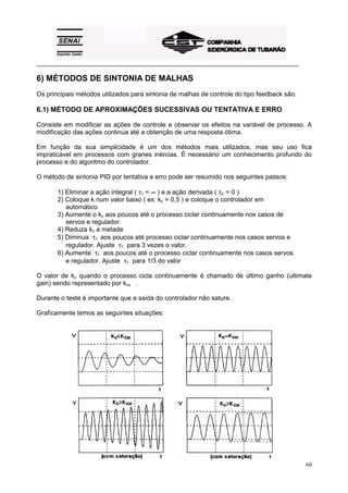 _________________________________________________________________________________________ 
6) MÉTODOS DE SINTONIA DE MALHAS 
Os principais métodos utilizados para sintonia de malhas de controle do tipo feedback são: 
6.1) MÉTODO DE APROXIMAÇÕES SUCESSIVAS OU TENTATIVA E ERRO 
Consiste em modificar as ações de controle e observar os efeitos na variável de processo. A 
modificação das ações continua até a obtenção de uma resposta ótima. 
Em função da sua simplicidade é um dos métodos mais utilizados, mas seu uso fica 
impraticável em processos com granes inércias. É necessário um conhecimento profundo do 
processo e do algoritmo do controlador. 
O método de sintonia PID por tentativa e erro pode ser resumido nos seguintes passos: 
60 
1) Eliminar a ação integral ( τ1 = ∞ ) e a ação derivada ( τd = 0 ). 
2) Coloque k num valor baixo ( ex: kc = 0,5 ) e coloque o controlador em 
automático. 
3) Aumente o kc aos poucos até o processo ciclar continuamente nos casos de 
servos e regulador. 
4) Reduza kc a metade 
5) Diminua τ1 aos poucos até processo ciclar continuamente nos casos servos e 
regulador. Ajuste τ1 para 3 vezes o valor. 
6) Aumente τ1 aos poucos até o processo ciclar continuamente nos casos servos 
e regulador. Ajuste τ1 para 1/3 do valor 
O valor de kc quando o processo cicla continuamente é chamado de último ganho (ultimate 
gain) sendo representado por kcu . 
Durante o teste é importante que a saída do controlador não sature. 
Graficamente temos as seguintes situações: 
 