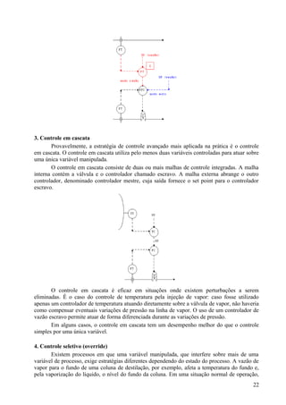 3. Controle em cascata
       Provavelmente, a estratégia de controle avançado mais aplicada na prática é o controle
em cascata. O controle em cascata utiliza pelo menos duas variáveis controladas para atuar sobre
uma única variável manipulada.
       O controle em cascata consiste de duas ou mais malhas de controle integradas. A malha
interna contém a válvula e o controlador chamado escravo. A malha externa abrange o outro
controlador, denominado controlador mestre, cuja saída fornece o set point para o controlador
escravo.




       O controle em cascata é eficaz em situações onde existem perturbações a serem
eliminadas. É o caso do controle de temperatura pela injeção de vapor: caso fosse utilizado
apenas um controlador de temperatura atuando diretamente sobre a válvula de vapor, não haveria
como compensar eventuais variações de pressão na linha de vapor. O uso de um controlador de
vazão escravo permite atuar de forma diferenciada durante as variações de pressão.
       Em alguns casos, o controle em cascata tem um desempenho melhor do que o controle
simples por uma única variável.

4. Controle seletivo (override)
       Existem processos em que uma variável manipulada, que interfere sobre mais de uma
variável de processo, exige estratégias diferentes dependendo do estado do processo. A vazão de
vapor para o fundo de uma coluna de destilação, por exemplo, afeta a temperatura do fundo e,
pela vaporização do líquido, o nível do fundo da coluna. Em uma situação normal de operação,
                                                                                             22
 