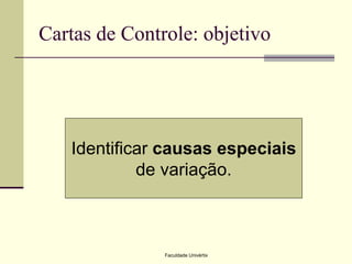 Cartas de Controle: objetivo

Identificar causas especiais
de variação.

Faculdade Univértix

 
