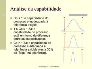Diego Rodrigues & Franciele Borba
 Cp < 1: a capabilidade do
processo é inadequada à
tolerância exigida.
 1 ≤ Cp ≤ 1,33: a
capabilidade do processo
está em torno da diferença
entre as especificações.
 Cp > 1,33: a capacidade do
processo é adequada à
tolerância exigida (resta 30%
de “folga” na tolerância).
Análise da capabilidade
 