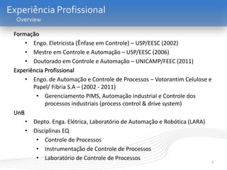 3
Experiência Profissional
Overview
Formação
• Engo. Eletricista (Ênfase em Controle) – USP/EESC (2002)
• Mestre em Controle e Automação – USP/EESC (2006)
• Doutorado em Controle e Automação – UNICAMP/FEEC (2011)
Experiência Profissional
• Engo. de Automação e Controle de Processos – Votorantim Celulose e
Papel/ Fibria S.A – (2002 - 2011)
• Gerenciamento PIMS, Automação industrial e Controle dos
processos industriais (process control & drive system)
UnB
• Depto. Enga. Elétrica, Laboratório de Automação e Robótica (LARA)
• Disciplinas EQ
• Controle de Processos
• Instrumentação de Controle de Processos
• Laboratório de Controle de Processos
 