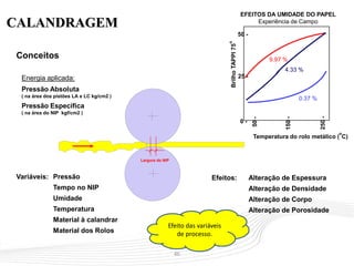 46
Conceitos
Energia aplicada:
Pressão Absoluta
( na área dos pistões LA e LC kg/cm2 )
Pressão Específica
( na área do NIP kgf/cm2 )
Efeitos: Alteração de Espessura
Alteração de Densidade
Alteração de Corpo
Alteração de Porosidade
Largura do NIP
Variáveis: Pressão
Tempo no NIP
Umidade
Temperatura
Material à calandrar
Material dos Rolos
CALANDRAGEM
0 -
25 -
50 -
50-
150-
250-
9.97 %
4.33 %
0.37 %
BrilhoTAPPI75
o
Temperatura do rolo metálico (
o
C)
EFEITOS DA UMIDADE DO PAPEL
Experiência de Campo
Efeito das variáveis
de processo.
 