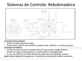 Sistemas de Controle: Rebobinadeira
Controles Desenroladeira:
• Tensão da folha (célula de carga)
• Torque motor (cálculo inércia bobina, perdas fricção, diâmetro, curva fluxo campo)
Controles Enroladeira:
• Controle dureza da bobina (pressão alívio I/P rolo suporte, função do diam.)
• Divisão de carga (mestre/escravo): v mestre (RST) x overspeed com
tq_lim_sup_RSD=tq_ref_RSD (50-60% tq_total varia com diâmetro: dureza)
Geral: cálculo diâmetro e espessura => controle do comprimento (critério de parada)
 
