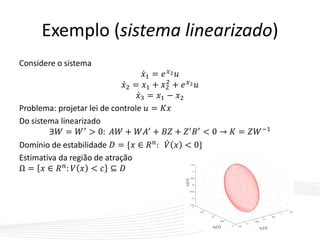 Exemplo (sistema linearizado)
Considere o sistema
𝑥1 = 𝑒 𝑥2 𝑢
𝑥2 = 𝑥1 + 𝑥2
2
+ 𝑒 𝑥2 𝑢
𝑥3 = 𝑥1 − 𝑥2
Problema: projetar lei de controle 𝑢 = 𝐾𝑥
Do sistema linearizado
∃𝑊 = 𝑊′
> 0: 𝐴𝑊 + 𝑊𝐴′
+ 𝐵𝑍 + 𝑍′
𝐵′
< 0 → 𝐾 = 𝑍𝑊−1
Domínio de estabilidade 𝐷 = {𝑥 ∈ 𝑅 𝑛
: 𝑉 𝑥 < 0}
Estimativa da região de atração
Ω = 𝑥 ∈ 𝑅 𝑛: 𝑉 𝑥 < 𝑐 ⊆ 𝐷
 