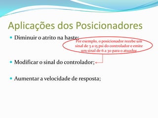 Aplicações dos Posicionadores
 Diminuir o atrito na haste;
 Modificar o sinal do controlador;
 Aumentar a velocidade de resposta;
Por exemplo, o posicionador recebe um
sinal de 3 a 15 psi do controlador e emite
um sinal de 6 a 30 para o atuador
 