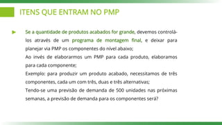 ITENS QUE ENTRAM NO PMP
Se a quantidade de produtos acabados for grande, devemos controlá-
los através de um programa de montagem final, e deixar para
planejar via PMP os componentes do nível abaixo;
Ao invés de elaborarmos um PMP para cada produto, elaboramos
para cada componente;
Exemplo: para produzir um produto acabado, necessitamos de três
componentes, cada um com três, duas e três alternativas;
Tendo-se uma previsão de demanda de 500 unidades nas próximas
semanas, a previsão de demanda para os componentes será?
 