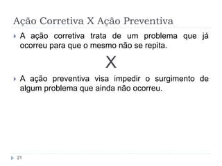Ação Corretiva X Ação Preventiva
21
 A ação corretiva trata de um problema que já
ocorreu para que o mesmo não se repita.
X
 A ação preventiva visa impedir o surgimento de
algum problema que ainda não ocorreu.
 