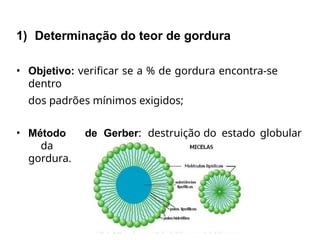 1) Determinação do teor de gordura
• Objetivo: verificar se a % de gordura encontra-se
dentro
dos padrões mínimos exigidos;
• Método de Gerber: destruição do estado globular
da
gordura.
 