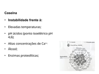 Caseína
• Instabilidade frente à:
• Elevadas temperaturas;
• pH ácidos (ponto isoelétrico pH
4,6);
• Altas concentrações de Ca2+;
• Álcool;
• Enzimas proteolíticas;
 