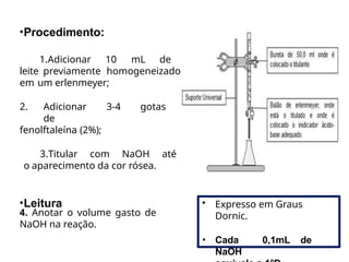 • Expresso em Graus
Dornic.
• Cada 0,1mL de
NaOH
•Procedimento:
1.Adicionar 10 mL de
leite previamente homogeneizado
em um erlenmeyer;
2. Adicionar 3-4 gotas
de
fenolftaleína (2%);
3.Titular com NaOH até
o aparecimento da cor rósea.
•Leitura
4. Anotar o volume gasto de
NaOH na reação.
 