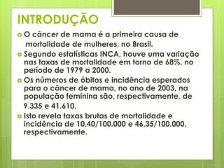 INTRODUÇÃO 
 O câncer de mama é a primeira causa de 
mortalidade de mulheres, no Brasil. 
 Segundo estatísticas INCA, houve uma variação 
nas taxas de mortalidade em torno de 68%, no 
período de 1979 a 2000. 
 Os números de óbitos e incidência esperados 
para o câncer de mama, no ano de 2003, na 
população feminina são, respectivamente, de 
9.335 e 41.610. 
 Isto revela taxas brutas de mortalidade e 
incidência de 10,40/100.000 e 46,35/100.000, 
respectivamente. 
 