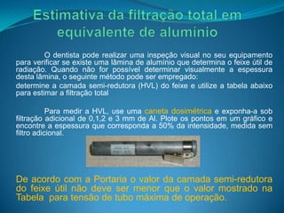 O dentista pode realizar uma inspeção visual no seu equipamento
para verificar se existe uma lâmina de alumínio que determina o feixe útil de
radiação. Quando não for possível determinar visualmente a espessura
desta lâmina, o seguinte método pode ser empregado:
determine a camada semi-redutora (HVL) do feixe e utilize a tabela abaixo
para estimar a filtração total

           Para medir a HVL, use uma caneta dosimétrica e exponha-a sob
filtração adicional de 0,1,2 e 3 mm de Al. Plote os pontos em um gráfico e
encontre a espessura que corresponda a 50% da intensidade, medida sem
filtro adicional.




De acordo com a Portaria o valor da camada semi-redutora
do feixe útil não deve ser menor que o valor mostrado na
Tabela para tensão de tubo máxima de operação.
 