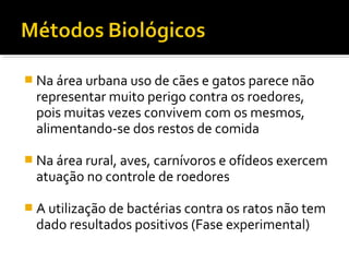  Na área urbana uso de cães e gatos parece não
representar muito perigo contra os roedores,
pois muitas vezes convivem com os mesmos,
alimentando-se dos restos de comida
 Na área rural, aves, carnívoros e ofídeos exercem
atuação no controle de roedores
 A utilização de bactérias contra os ratos não tem
dado resultados positivos (Fase experimental)
 