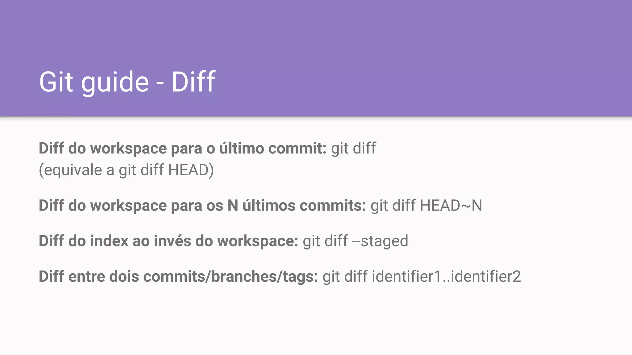 Git guide - Diff
Diff do workspace para o último commit: git diff
(equivale a git diff HEAD)
Diff do workspace para os N últimos commits: git diff HEAD~N
Diff do index ao invés do workspace: git diff --staged
Diff entre dois commits/branches/tags: git diff identifier1..identifier2
 