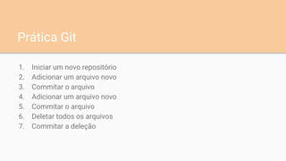 Prática Git
1. Iniciar um novo repositório
2. Adicionar um arquivo novo
3. Commitar o arquivo
4. Adicionar um arquivo novo
5. Commitar o arquivo
6. Deletar todos os arquivos
7. Commitar a deleção
 