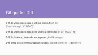 Git guide - Diff
Diff do workspace para o último commit: git diff
(equivale a git diff HEAD)
Diff do workspace para os N últimos commits: git diff HEAD~N
Diff do index ao invés do workspace: git diff --staged
Diff entre dois commits/branches/tags: git diff identifier1..identifier2
 