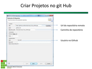 Criar Projetos no git Hub
Url do repositório remoto
Usuário no Github
Caminho do repositório
 