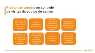Problemas comuns no controle
de visitas da equipe de campo
Não saber se a
visita foi feita ou
se pelo menos
houve uma
tentativa
Não saber se os
horários
combinados com
os clientes estão
sendo
respeitados
Mensurar
quantos e quais
clientes foram
visitados em um
determinado
período
Identificar se os
clientes estão
satisfeitos com o
atendimento
Confiar nos
relatórios de
despesas
Saber se a
equipe está
sendo produtiva
Não conseguir
automatizar o
trabalho para
aumentar
produtividade
Perder tempo
criando
relatórios com as
informações
coletadas em
campo
 