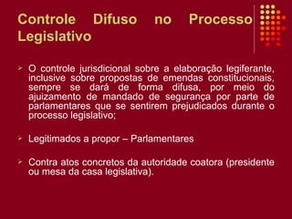 Controle Difuso no Processo Legislativo O controle jurisdicional sobre a elaboração legiferante, inclusive sobre propostas de emendas constitucionais, sempre se dará de forma difusa, por meio do ajuizamento de mandado de segurança por parte de parlamentares que se sentirem prejudicados durante o processo legislativo; Legitimados a propor – Parlamentares Contra atos concretos da autoridade coatora (presidente ou mesa da casa legislativa).  