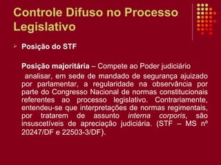 Controle Difuso no Processo Legislativo Posição do STF Posição majoritária  – Compete ao Poder judiciário analisar, em sede de mandado de segurança ajuizado por parlamentar, a regularidade na observância por parte do Congresso Nacional de normas constitucionais referentes ao processo legislativo. Contrariamente, entendeu-se que interpretações de normas regimentais, por tratarem de assunto  interna corporis , são insuscetíveis de apreciação judiciária. (STF – MS nº 20247/DF e 22503-3/DF ). 