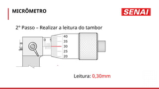 MICRÔMETRO
2° Passo – Realizar a leitura do tambor
Leitura: 0,30mm
 