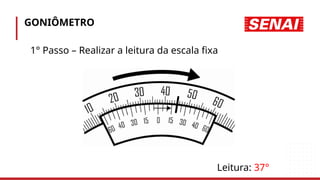 GONIÔMETRO
Leitura: 37°
1° Passo – Realizar a leitura da escala fixa
 