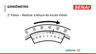 GONIÔMETRO
Leitura: 20’
2° Passo – Realizar a leitura da escala móvel
 