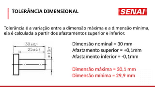 TOLERÂNCIA DIMENSIONAL
Tolerância é a variação entre a dimensão máxima e a dimensão mínima,
ela é calculada a partir dos afastamentos superior e inferior.
Dimensão nominal = 30 mm
Afastamento superior = +0,1mm
Afastamento inferior = -0,1mm
Dimensão máxima = 30,1 mm
Dimensão mínima = 29,9 mm
 