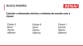 BLOCO PADRÃO
Calcular a dimensão mínima e máxima de acordo com a
classe:
Classe 0
2mm
25mm
350mm
Classe 2
8mm
75mm
450mm
Classe 1
0,5mm
30mm
500mm
 