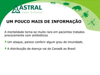 UM POUCO MAIS DE INFORMAÇÃO
A mortalidade torna-se muito rara em pacientes tratados
precocemente com antibióticos
Um ataque, parece conferir algum grau de imunidade.
A distribuição da doença vai do Canadá ao Brasil

 