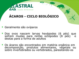 ÁCAROS - CICLO BIOLÓGICO



Geralmente são ovíparos



Dos ovos nascem larvas hexápodes (6 pés) que
sofrem mudas para ninfas octópodes (8 pés)
e
destas para a forma de adultos



Os ácaros são encontrados em matéria orgânica em
decomposição, produtos alimentares, vegetais ou
sobre invertebrados ou vertebrados, parasitando-os

 