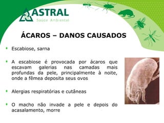 ÁCAROS – DANOS CAUSADOS


Escabiose, sarna



A escabiose é provocada por ácaros que
escavam
galerias
nas
camadas
mais
profundas da pele, principalmente à noite,
onde a fêmea deposita seus ovos



Alergias respiratórias e cutâneas



O macho não invade a pele e depois do
acasalamento, morre

 