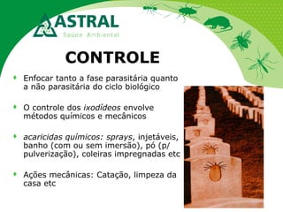 CONTROLE


Enfocar tanto a fase parasitária quanto
a não parasitária do ciclo biológico



O controle dos ixodídeos envolve
métodos químicos e mecânicos



acaricidas químicos: sprays, injetáveis,
banho (com ou sem imersão), pó (p/
pulverização), coleiras impregnadas etc



Ações mecânicas: Catação, limpeza da
casa etc

 