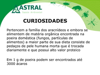 CURIOSIDADES
Pertencem a família dos aracnídeos e embora se
alimentem de matéria orgânica encontrada na
poeira doméstica (fungos, partículas de
alimentos) a maior parte de sua dieta consiste de
pedaços de pele humana morta que é trocada
diariamente e que possui alto valor proteico
Em 1 g de poeira podem ser encontrados até
3000 ácaros

 