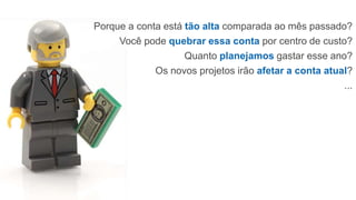 Porque a conta está tão alta comparada ao mês passado?
Você pode quebrar essa conta por centro de custo?
Quanto planejamos gastar esse ano?
Os novos projetos irão afetar a conta atual?
...
 