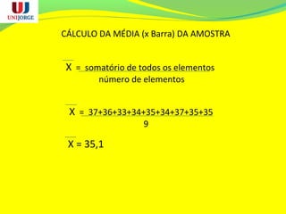 X = somatório de todos os elementos
número de elementos
X = 37+36+33+34+35+34+37+35+35
9
X = 35,1
CÁLCULO DA MÉDIA (x Barra) DA AMOSTRA
 