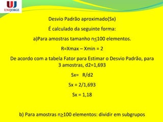 Desvio Padrão aproximado(Sx)
É calculado da seguinte forma:
a)Para amostras tamanho n<100 elementos.
R=Xmax – Xmin = 2
De acordo com a tabela Fator para Estimar o Desvio Padrão, para
3 amostras, d2=1,693
Sx= R/d2
Sx = 2/1,693
Sx = 1,18
b) Para amostras n>100 elementos: dividir em subgrupos
 