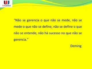 “Não se gerencia o que não se mede, não se
mede o que não se define, não se define o que
não se entende, não há sucesso no que não se
gerencia.”
Deming
 