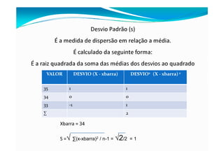 Desvio Padrão (s)
É a medida de dispersão em relação a média.
É calculado da seguinte forma:
É a raiz quadrada da soma das médias dos desvios ao quadrado
VALOR DESVIO (X - xbarra) DESVIO2 (X - xbarra) 2
35 1 1
34 0 0
33 -1 1
∑ 2
Xbarra = 34
S =√ ∑(x-xbarra)2 / n-1 = √2/2 = 1
 